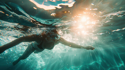 Focused Swimmer Gliding Through Sunlit Pool Water