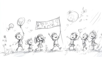 A hand-drawn sketch of children playing, holding a banner with playful expressions, surrounded by whimsical doodles
