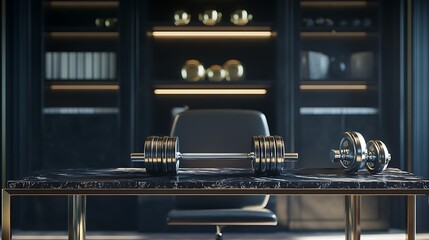 Desk with dumbbells on top and free space around it for decorations