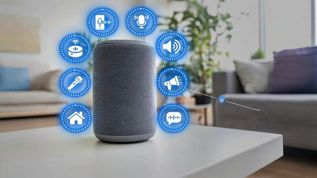 Gray voice controlled home assistant on a table in a living room with a white background, Smart speakers for voice commands in home settings