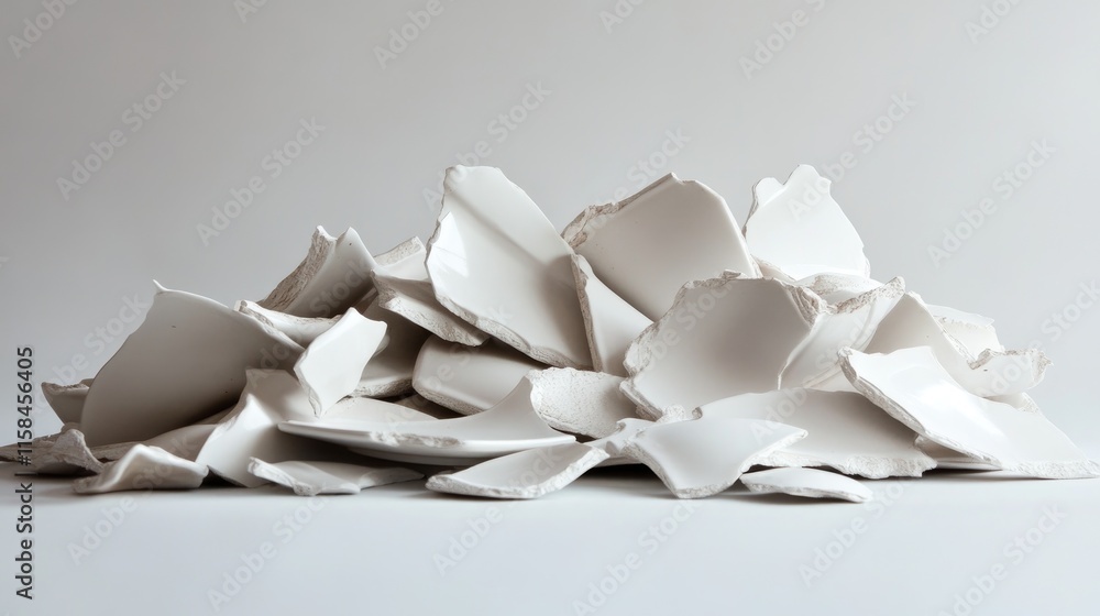 Poster a heap of shattered ceramic pieces, captured in a side view, showcasing intricate details of broken 