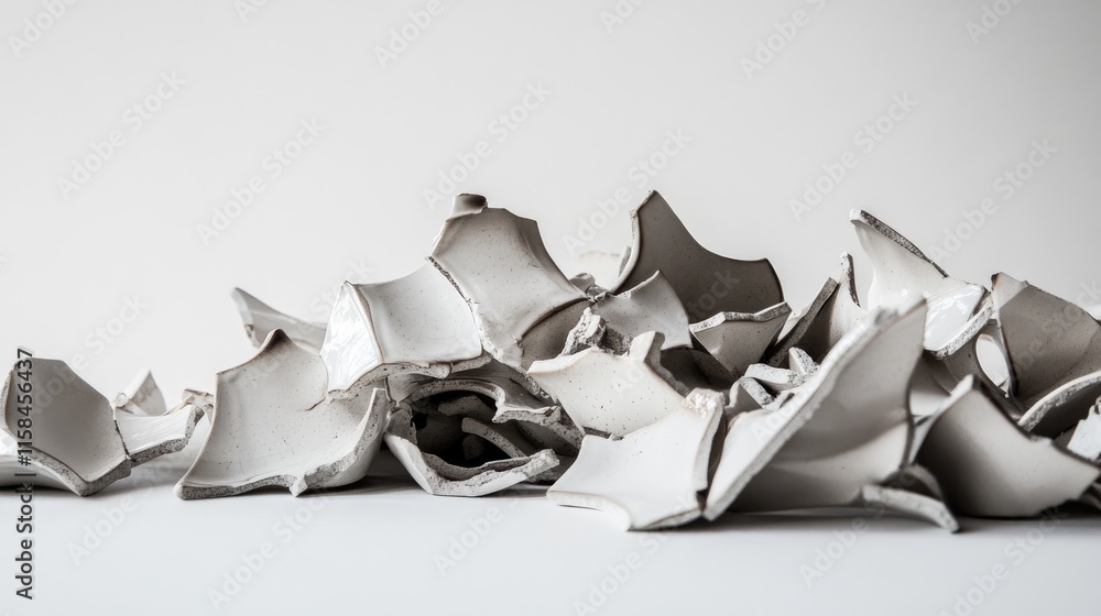 Poster a heap of shattered ceramic pieces, captured in a side view, showcasing intricate details of broken 