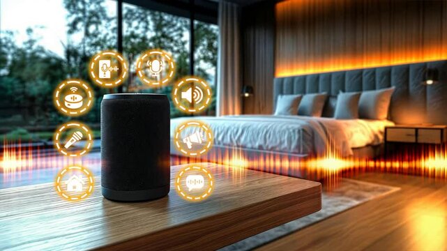 Black voice controlled assistant placed on a wooden table with icons floating around it, Smart speakers for home voice commands and automation