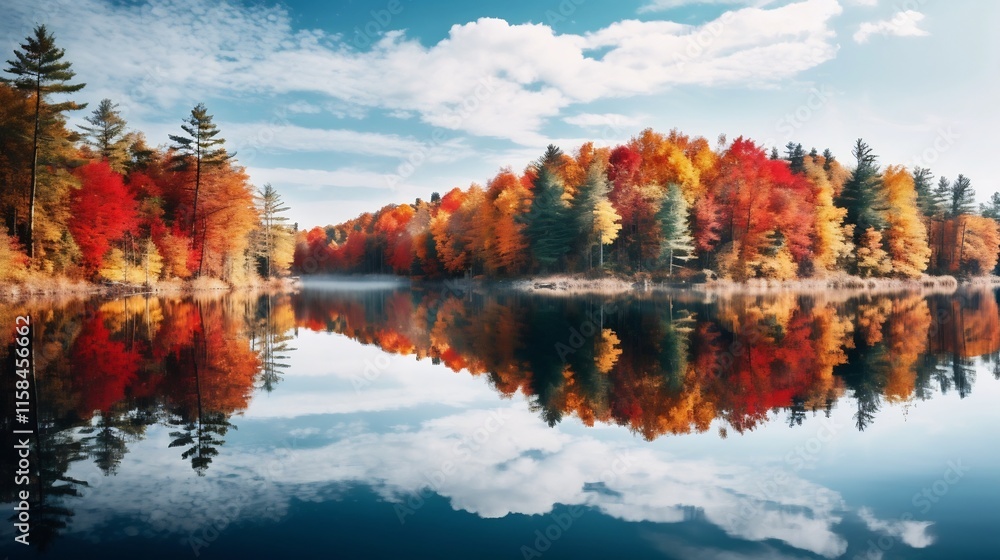 Poster breathtaking autumn landscape with a serene lake surrounded by vibrant fall foliage creating a stunn
