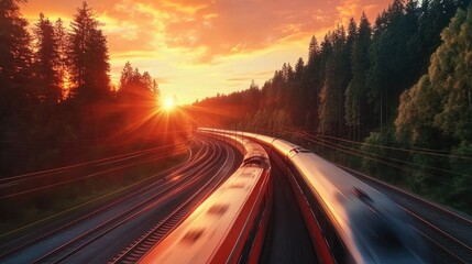 Fototapeta premium A high-speed train in motion against the backdrop of a warm sunset sky and dense forest, symbolizing energy and scenic beauty