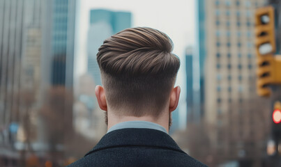 Fototapeta premium A slick back hairstyle highlighted against an urban backdrop, Generative AI 