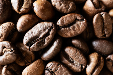 Coffee beans close up, coffee background, macro, top view