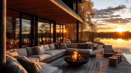 Fototapeta premium A lakeside autumn sunset highlights a cozy wooden terrace, featuring comfortable sofas and a fire pit, perfect for enjoying golden hour by the modern country house