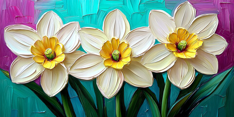  White and Yellow Daffodils in Colorful Background