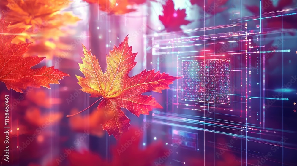 Poster maple leaves abstract background idea. colorful autumn leaves blend with digital elements, creating 