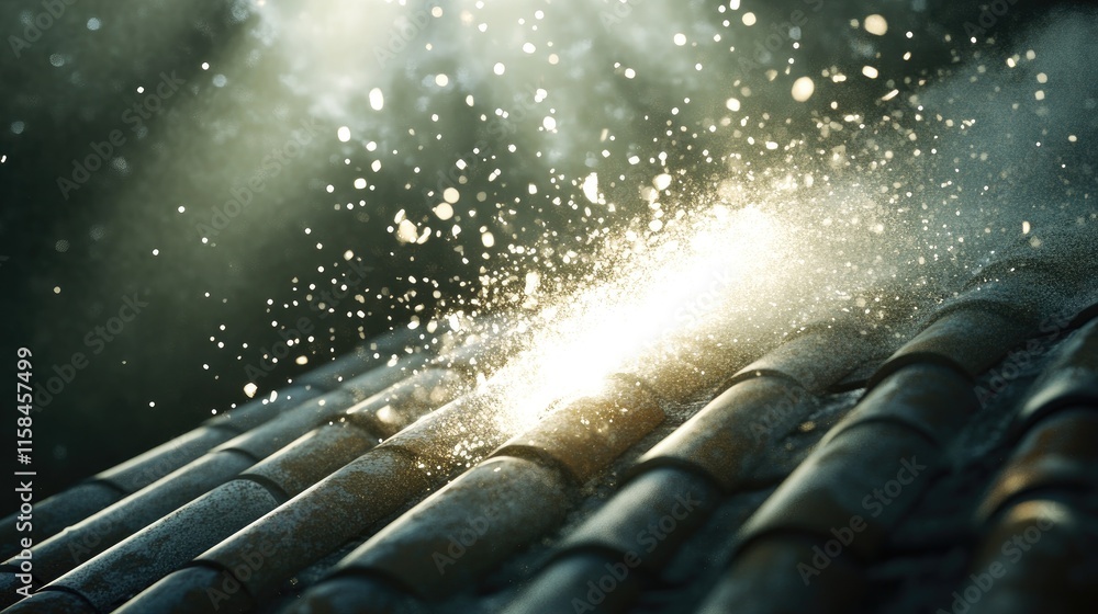 Poster a luminous void breaking through a ceramic roof tile, sending shards of bright light scattering acro
