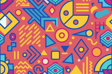 Dynamic seamless pattern featuring colorful geometric shapes and doodle elements.
