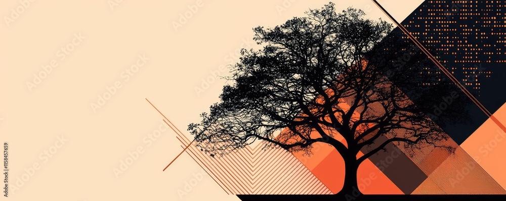 Poster ebony tree abstract background concept. stylish silhouette of a tree against an abstract geometric b