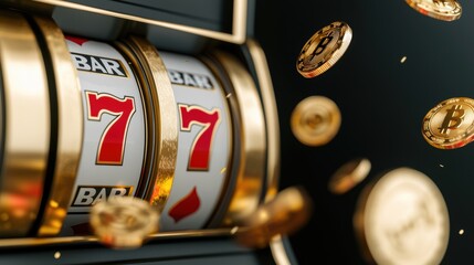Digital art close-up of slot machine with gold coins action