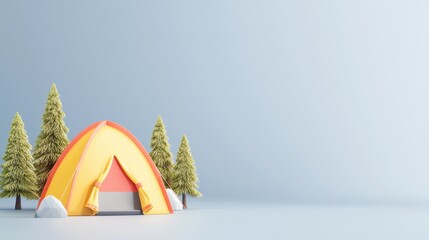 Camping adventure tent among pine trees in mountain view