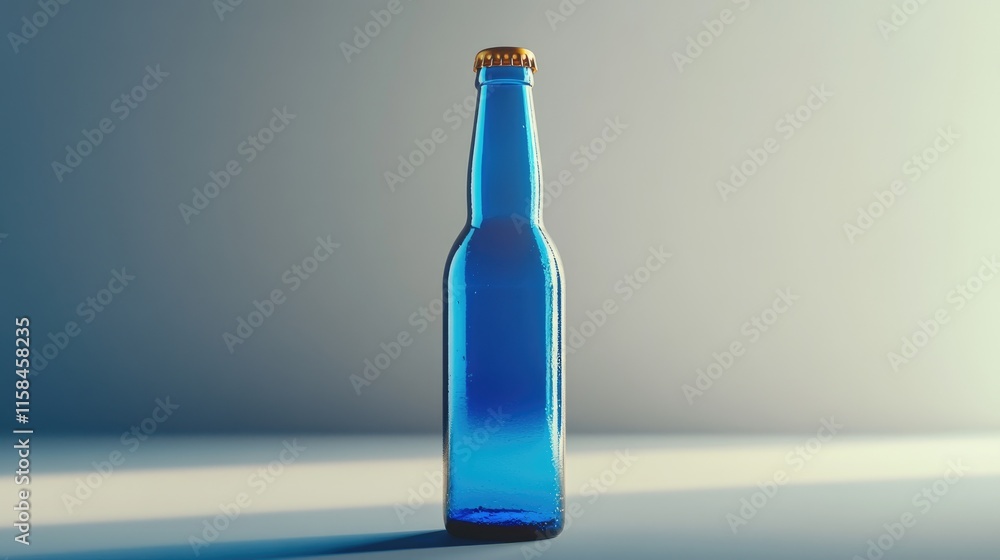 Poster a minimalist blue beer bottle mockup with an empty label, placed on a grey backdrop, perfect for sho