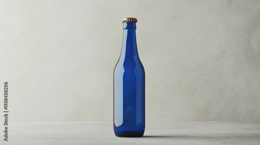 Poster A minimalist blue beer bottle mockup with an empty label, placed on a grey backdrop, perfect for showcasing custom designs or product concepts