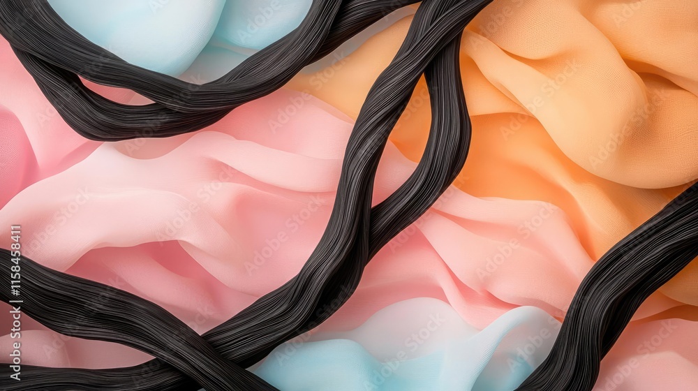 Poster ebony tree abstract background concept. abstract composition of colorful fabric layers with flowing 