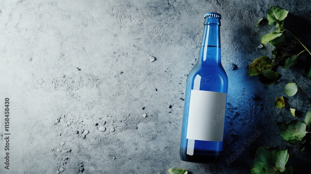 Poster a minimalist blue beer bottle mockup with an empty label, placed on a grey backdrop, perfect for sho