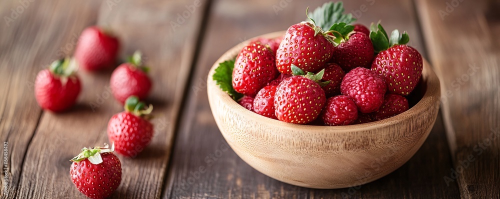 Aufkleber fresh strawberries resting in wooden bowl on rustic table