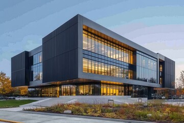 Obraz premium Modern corporate building at dusk. Ideal for architecture, real estate, and business websites.