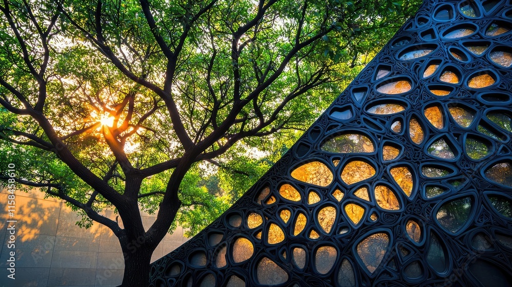Poster ebony tree abstract background concept. a vibrant tree juxtaposed with an abstract architectural des