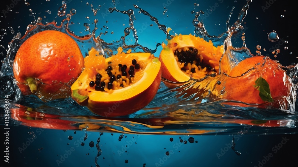 Poster juicy vibrant papaya slices splashing dynamically into refreshing water creating a beautiful visual 