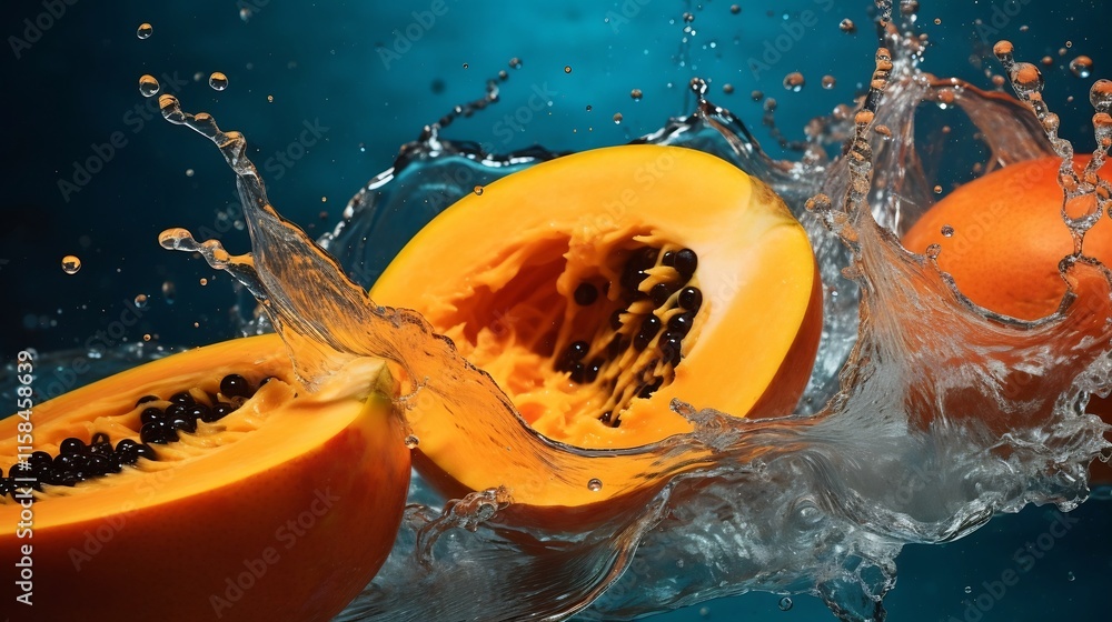 Poster lush vibrant papaya slices dramatically splashing into shimmering water creating soft rippling refle