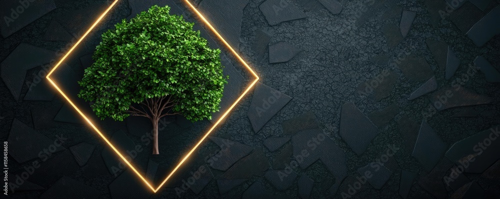 Poster ebony tree abstract background concept. stylish digital art of a tree in a geometric frame on a text