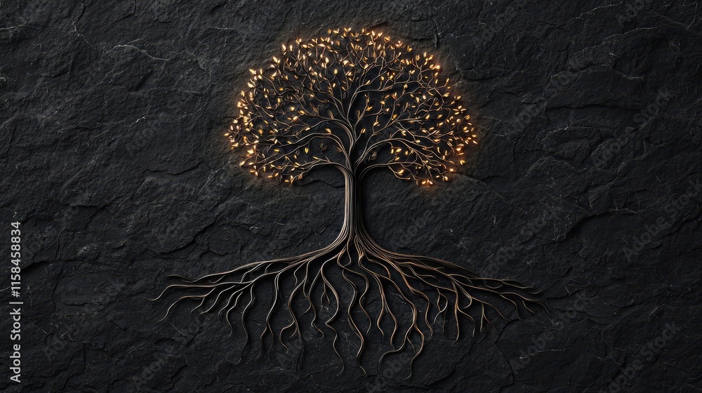 Poster ebony tree abstract background concept. a beautifully illuminated tree design with intricate roots o