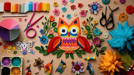 Fototapeta premium Vibrant Felt Craft Kit Containing Colorful Felt Sheets Scissors Glue and a Variety of Decorative Accessories for Crafting and Creative DIY Projects