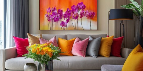 Contemporary living room decor featuring a stylish sofa accompanied by vibrant flowers enhances the aesthetic appeal of the space with a fresh and inviting atmosphere.