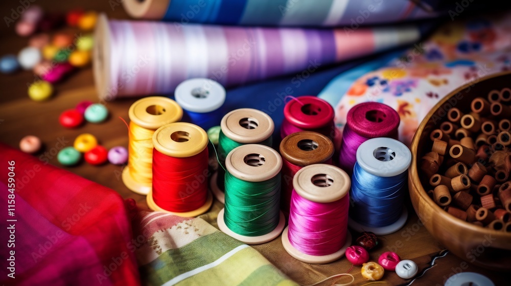 Poster vibrant diy sewing kit with colorful fabric swatches spools of thread assorted buttons and scissors 