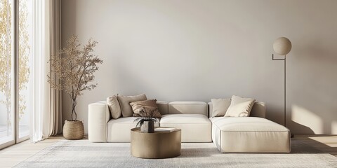 Stylish Scandinavian living room interior featuring a neutral modular sofa, a design coffee table, and decorative elements like a floor lamp, plant, and carpet for a contemporary home decor look.