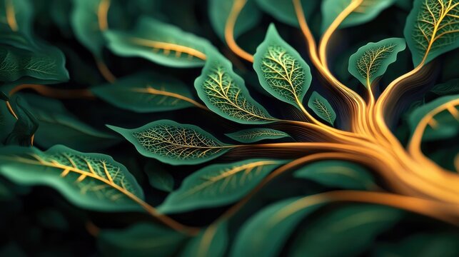 Elder tree abstract background concept. Beautiful intricate patterns of green leaves and branches glowing with golden hues.