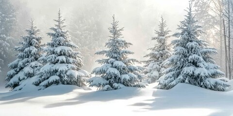 Obraz premium Pine trees blanketed in deep snow create a serene winter landscape in the forest, showcasing the beauty of pine trees amidst a tranquil winter scene. Enjoy the wonder of pine trees in winter.