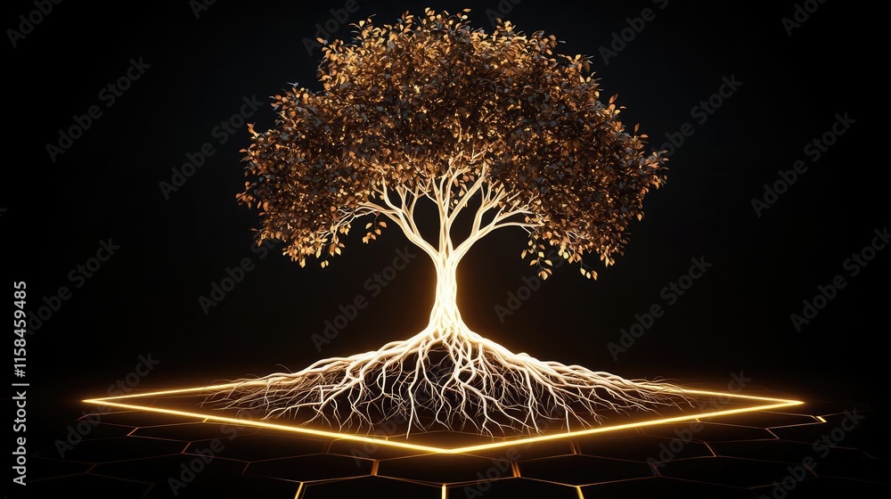 Aufkleber elder tree abstract background concept. illuminated tree with glowing roots, symbolizing growth and 
