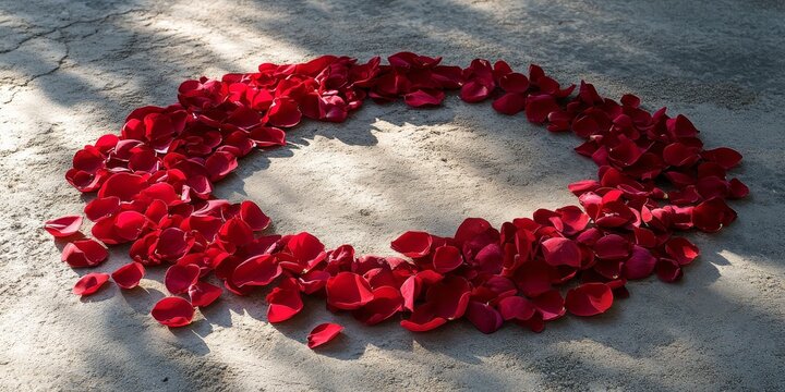 Red rose petals are beautifully scattered on the floor in a semi circle, creating an elegant setting perfect for your text or photo. The arrangement of red rose petals enhances any display.
