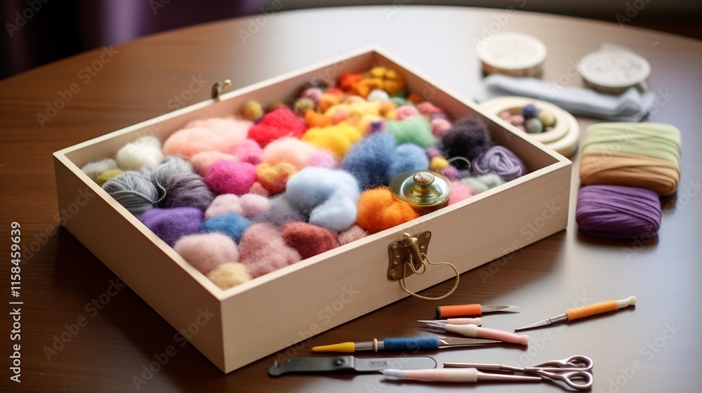 Poster vibrant needle felting kit with assortment of colored wool needles and felting tools arranged on a s