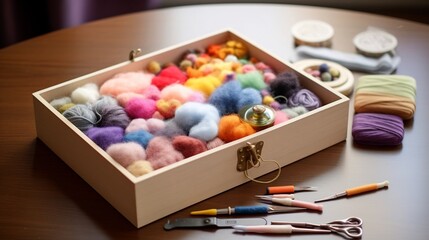 Vibrant Needle Felting Kit with Assortment of Colored Wool Needles and Felting Tools Arranged on a Soft Cozy Workspace