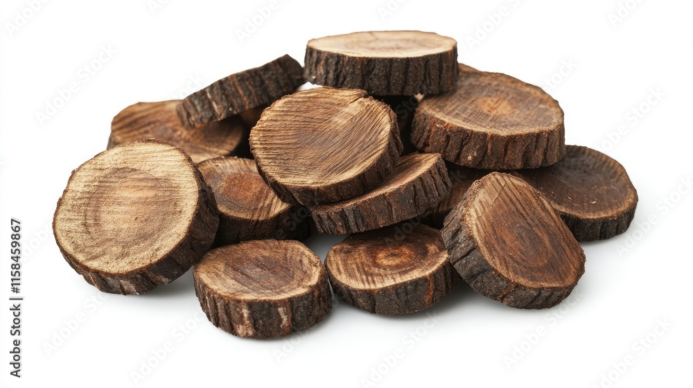 Poster a neat pile of round firewood logs, with rough bark and visible wood grain textures, isolated on a p