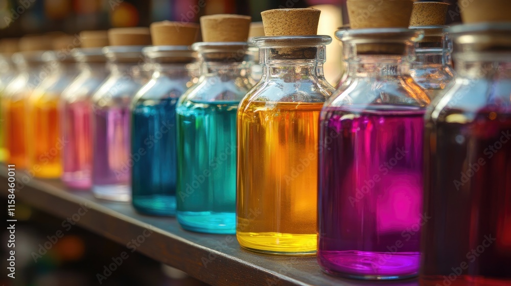 Aufkleber A neat row of glass jars filled with brightly colored liquids, each one showcasing its unique hue and texture, creating a vibrant and artistic display