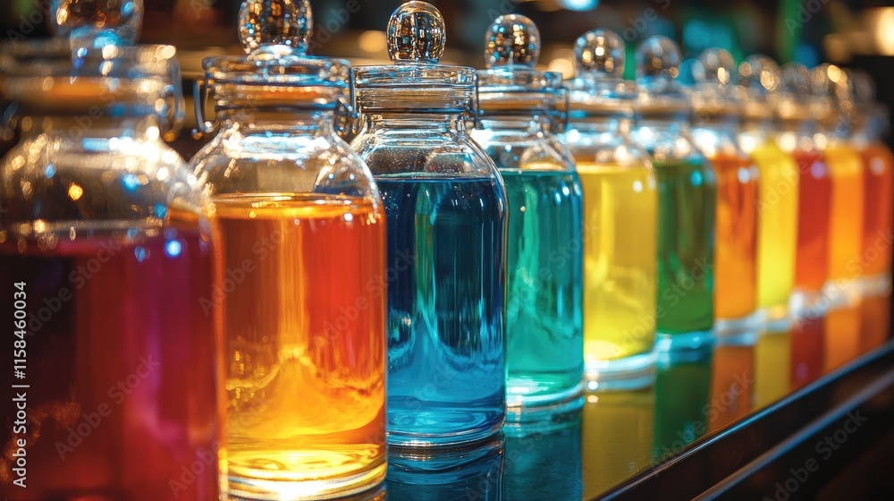Aufkleber A neat row of glass jars filled with brightly colored liquids, each one showcasing its unique hue and texture, creating a vibrant and artistic display