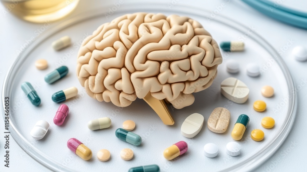Aufkleber a model of a brain surrounded by various pills and capsules, symbolizing the connection between ment