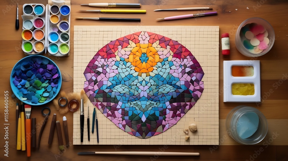Aufkleber vibrant and colorful diy mosaic art kit containing tiles glue and tools to craft intricate patterns 