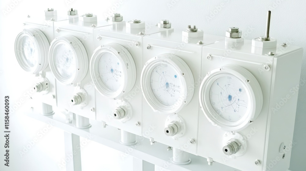 Poster a row of pressure gauges mounted on a white panel, displaying measurements with clear dials and nume