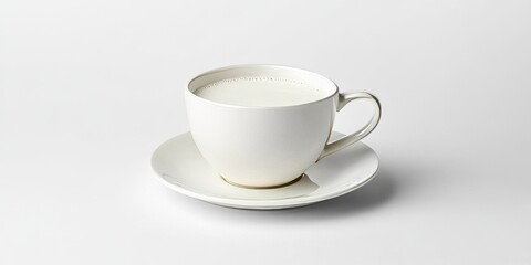 Obraz premium White cup filled with milk on a white saucer, presented against a clean white background, showcasing the simplicity and elegance of a white cup with milk. Perfect for beverage imagery.