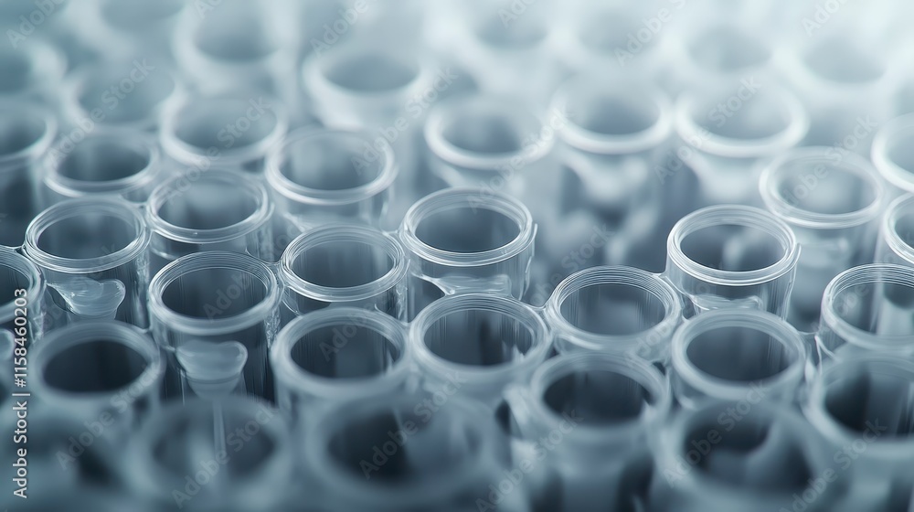 Poster a close-up of numerous clear test tubes arranged in a grid, showcasing their uniformity and transpar