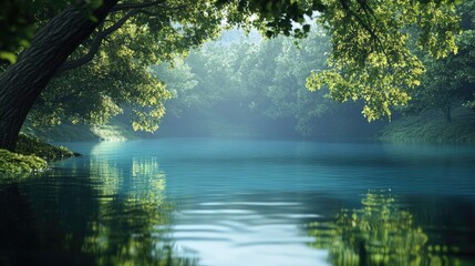 Obraz premium A peaceful lake with clear water, framed by dense forest, capturing the beauty and calm of nature