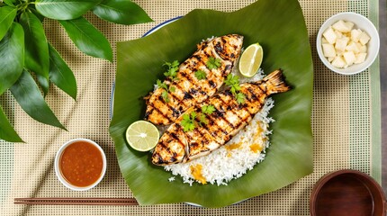 Khao Nom Pah Grilled Fish on Steamed Rice with Tangy Sauce (Laotian Cuisine)